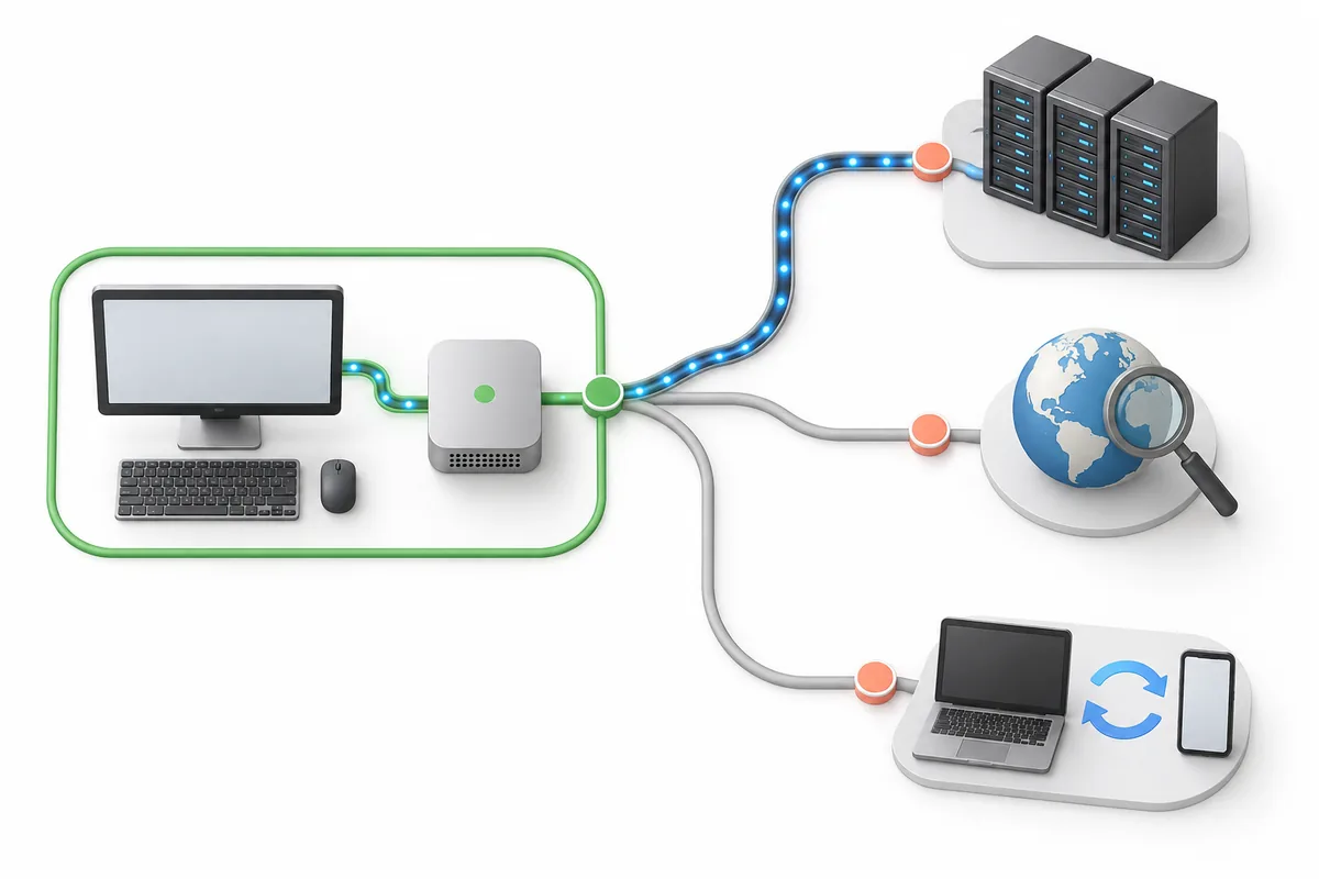 Konzeptkarte mit getrennten Zielen für lokalen Rechner, Cloud-Modell, Websuche und synchronisierte Konten