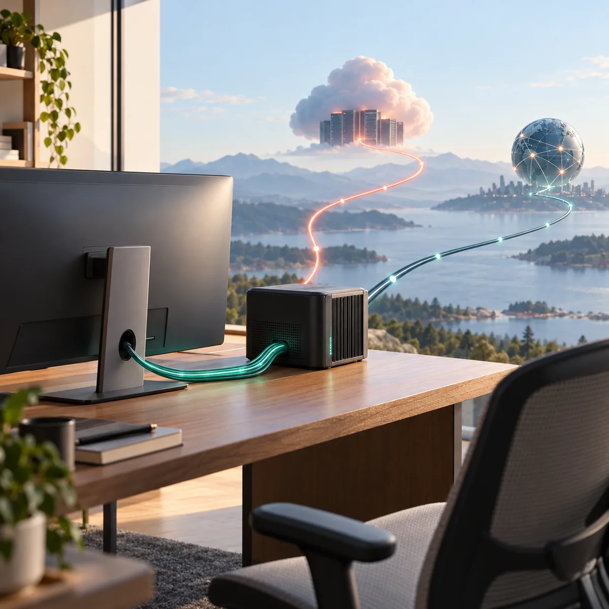 Konzeptillustration eines selbst gehosteten KI-Arbeitsplatzes mit lokalem Server und getrennten externen Netzwerkwegen
