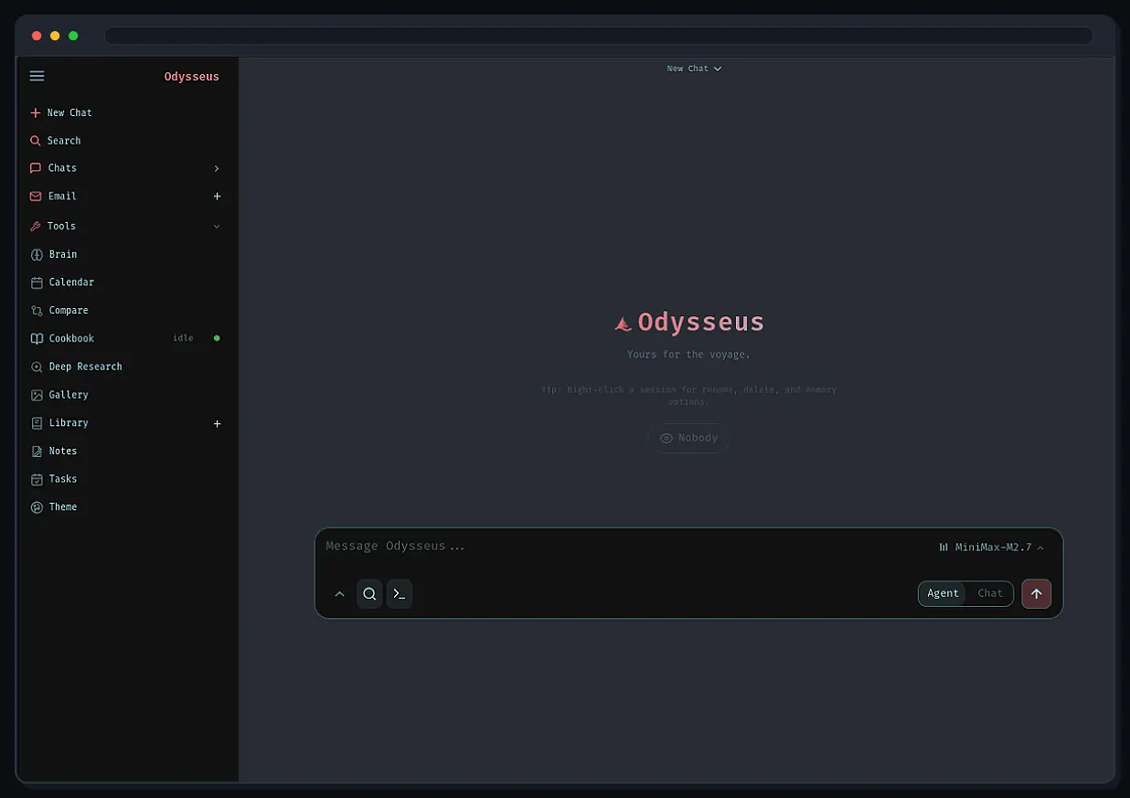 Pantalla oficial del workspace de Odysseus AI después de instalarlo en Linux