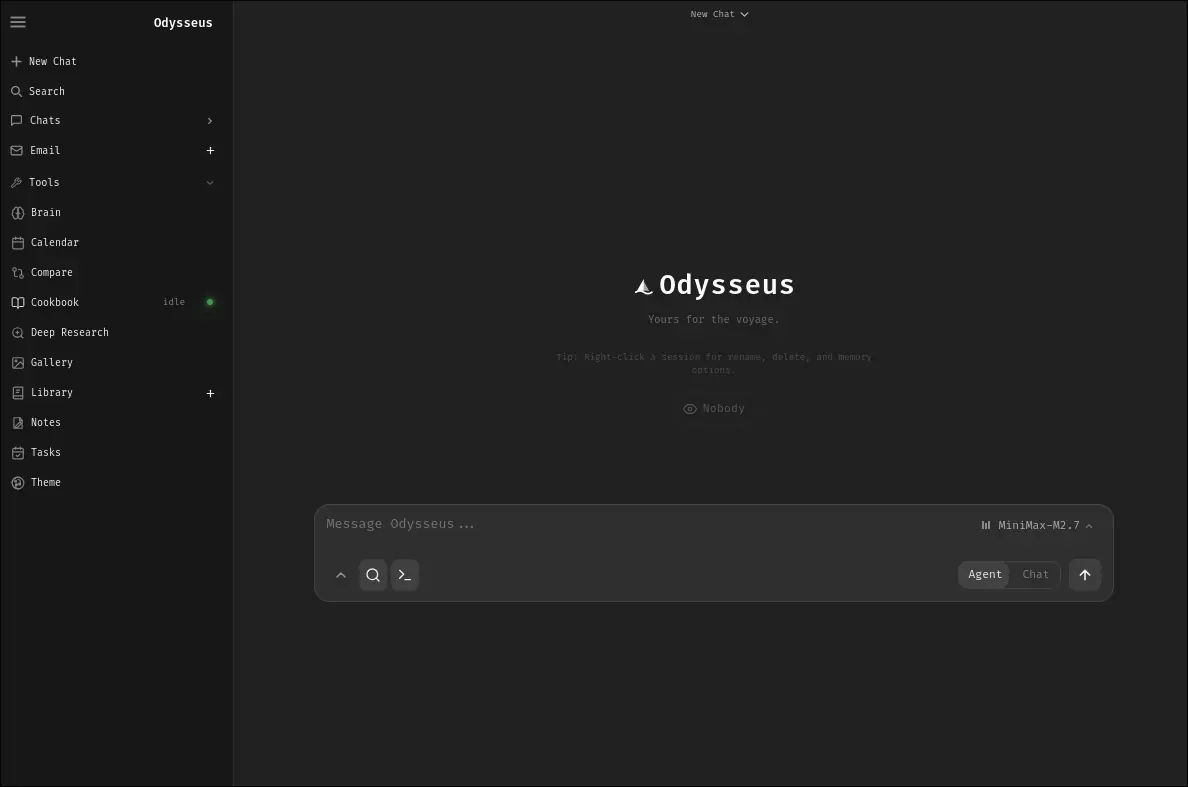 Interfaz oficial de Odysseus AI tras una instalación Linux nativa o con Docker