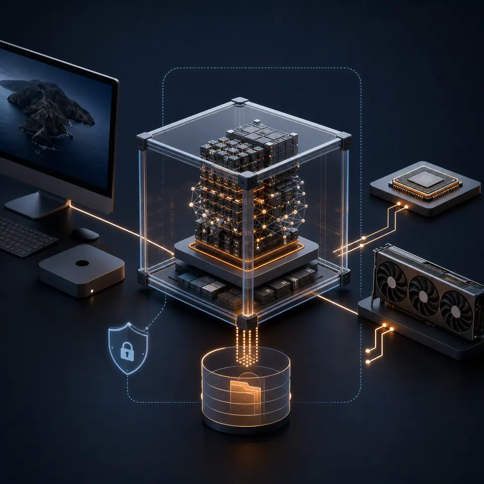 Conceptual editorial illustration of an Ollama model running inside a Docker boundary with CPU, GPU, storage, and a local host