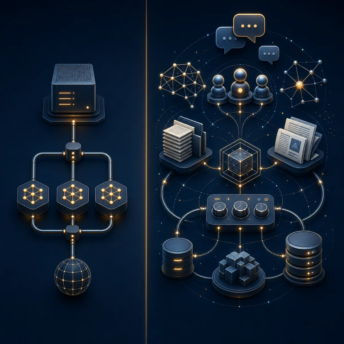 Editorial comparison graphic contrasting a compact model service with a broader AI workspace