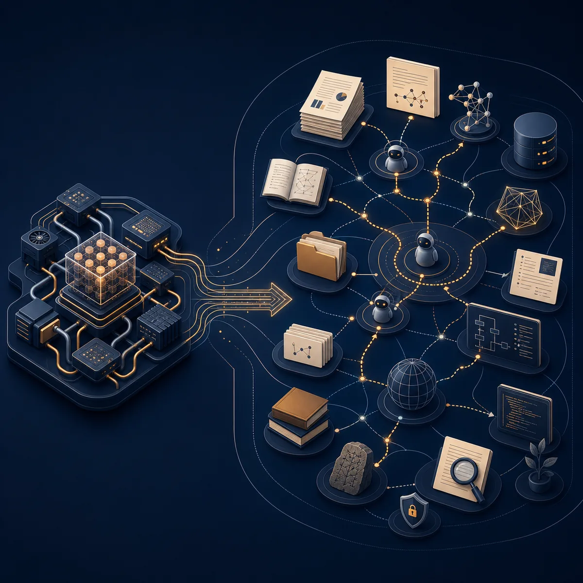 Editorial diagram showing a local model engine connected to a broader self-hosted AI workspace