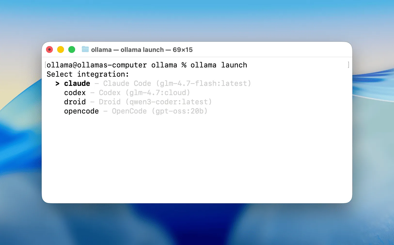 Menu officiel Ollama Launch affichant OpenCode parmi les intégrations