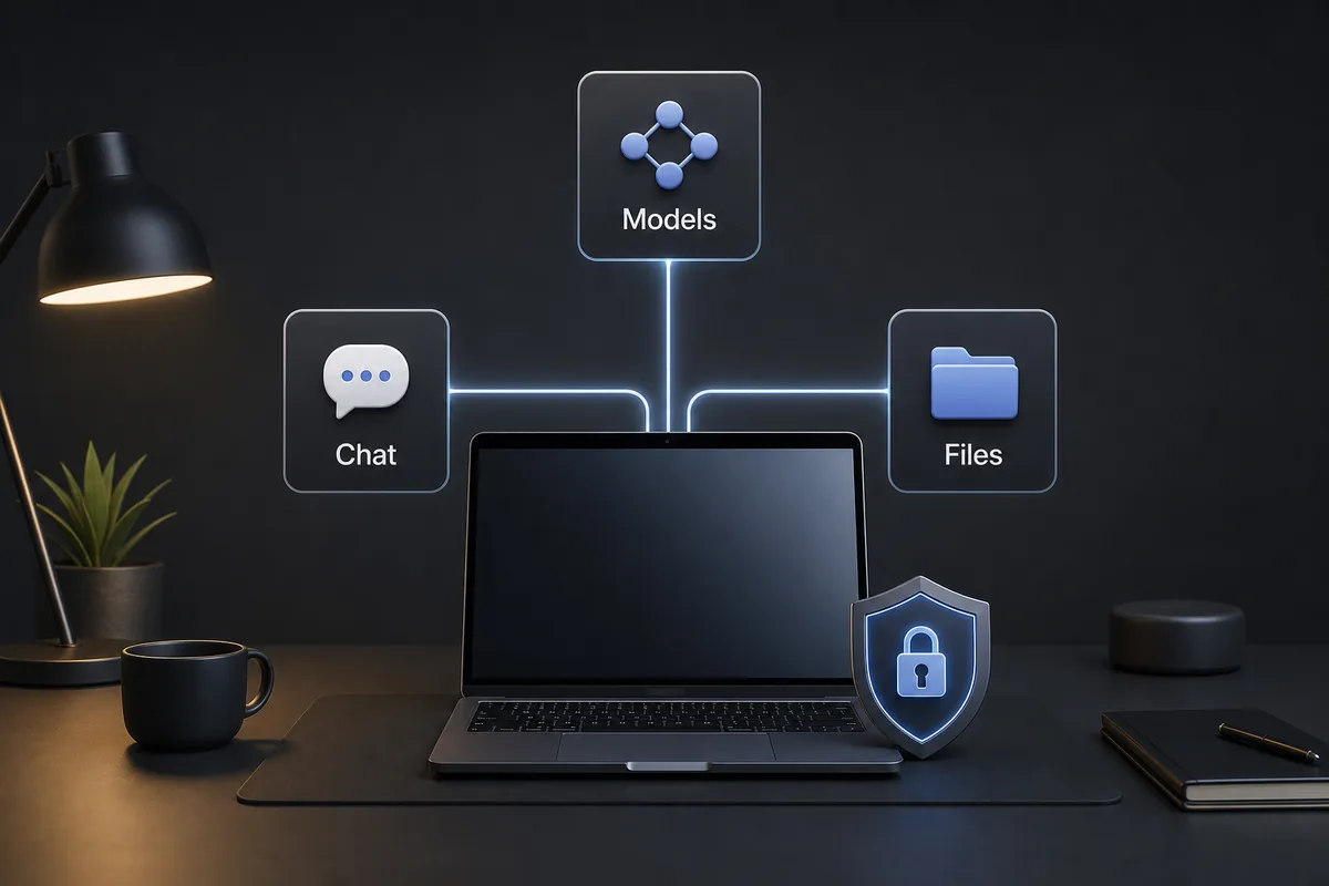 Diagrama editorial de un workspace local de IA con chat, modelos, archivos y controles de privacidad